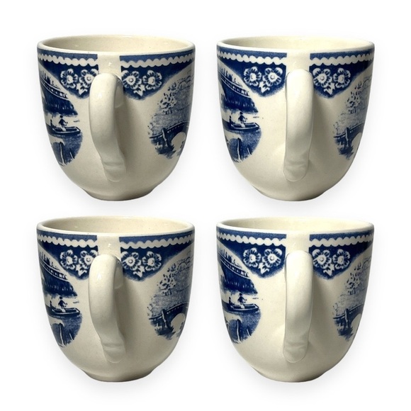 Staffordshire Engravings Blue Wild Rose China 4 pc Coffee Mug Tea Cup Blue White - Picture 3 of 7